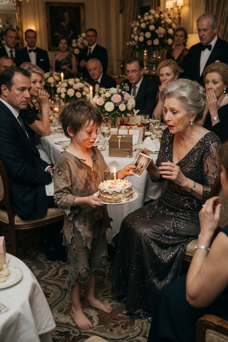La donna festeggiava i suoi 60 anni in un ristorante di lusso… finché un bambino scalzo le porse una piccola torta e una vecchia fotografia cambiò tutto