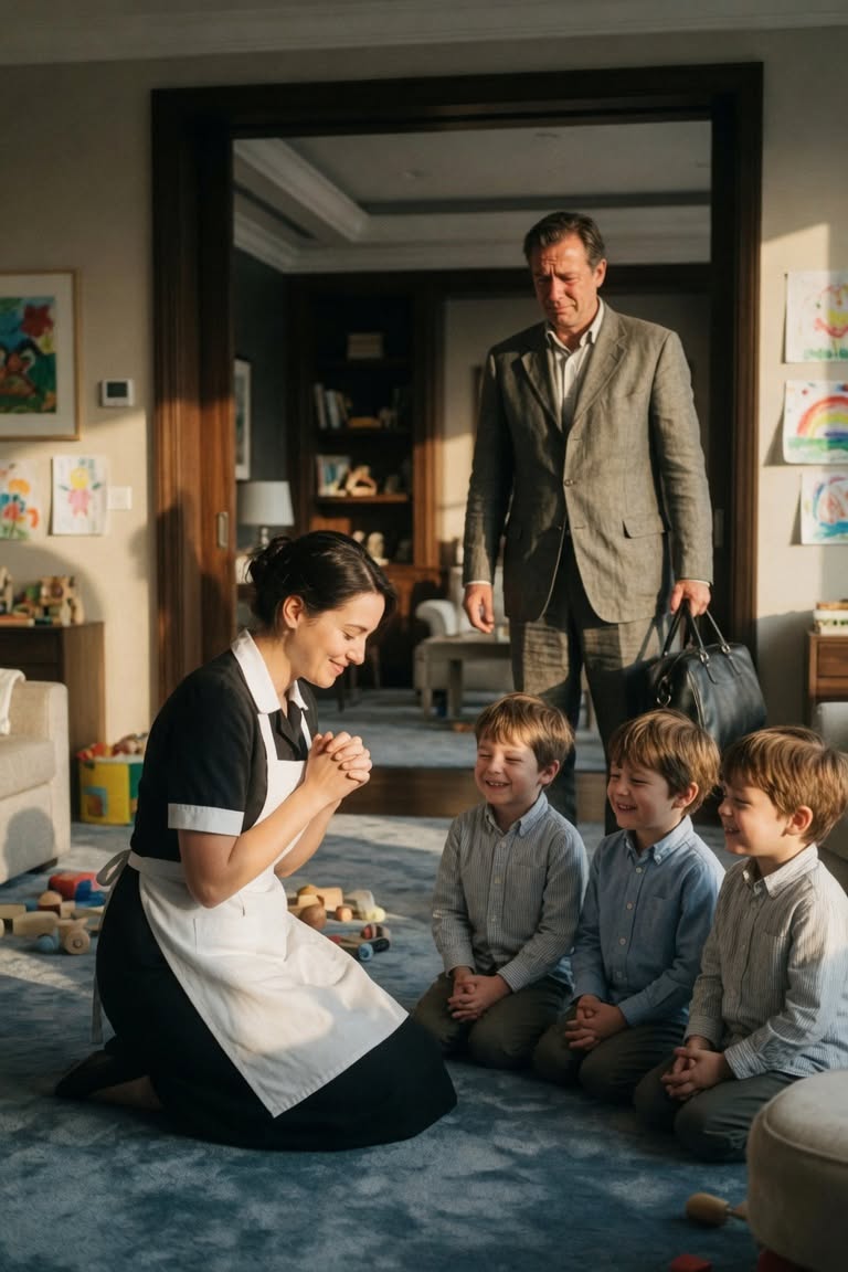 Il milionario tornò a casa senza avvisare… e ciò che vide fare alla tata con i suoi tre figli gli cambiò il cuore