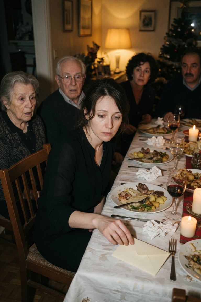 A Natale Mio Padre Mi Umiliò Perché A Trentadue Anni Ero Ancora Sola… Poi Una Piccola Busta Sul Tavolo Cambiò Per Sempre Il Silenzio Della Mia Famiglia
