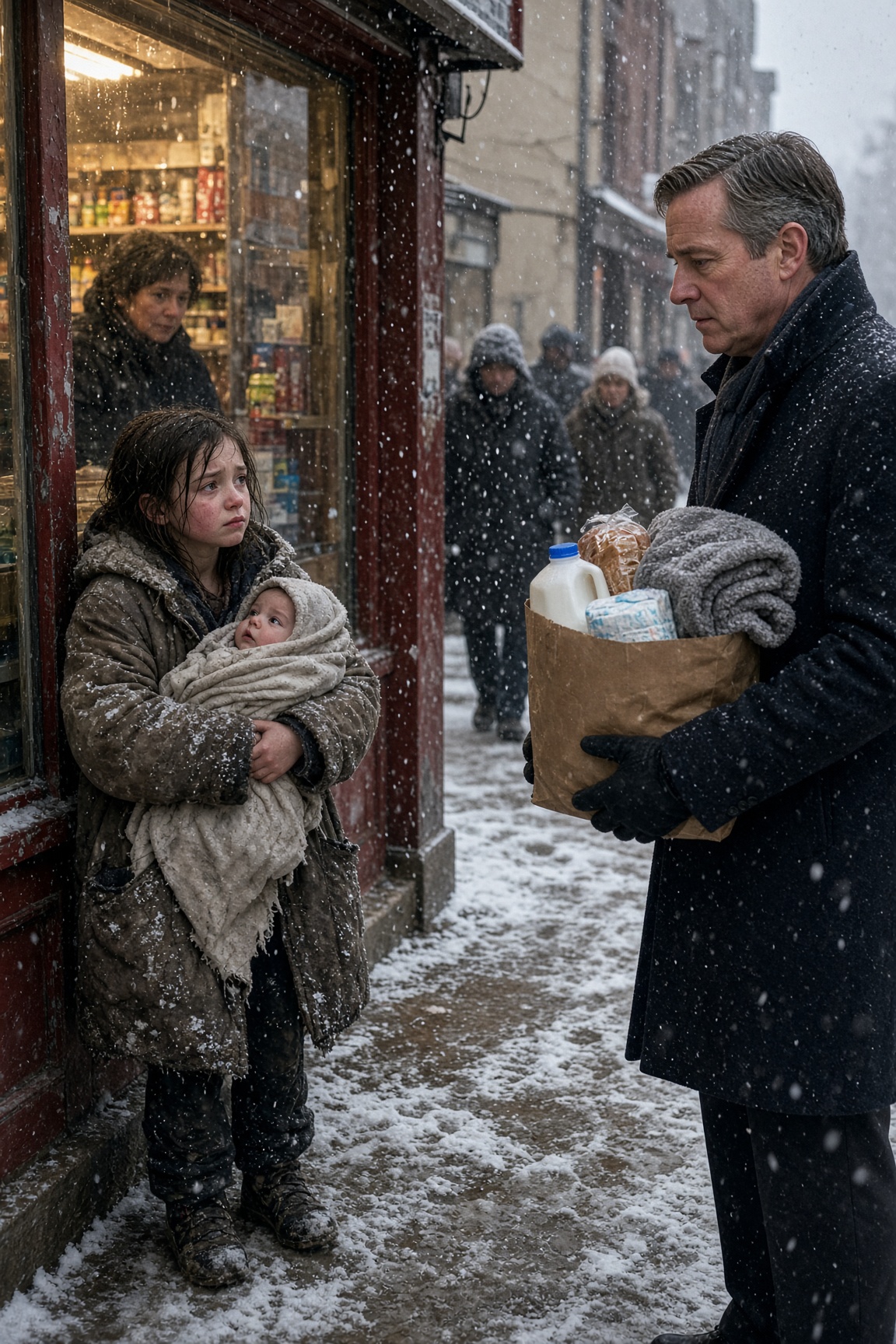Bambina protegge fratellino nella neve