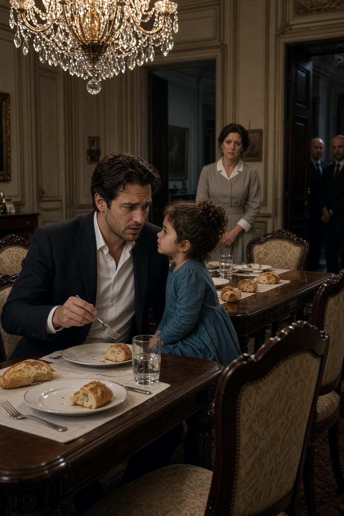 Bambina cena accanto uomo solitario