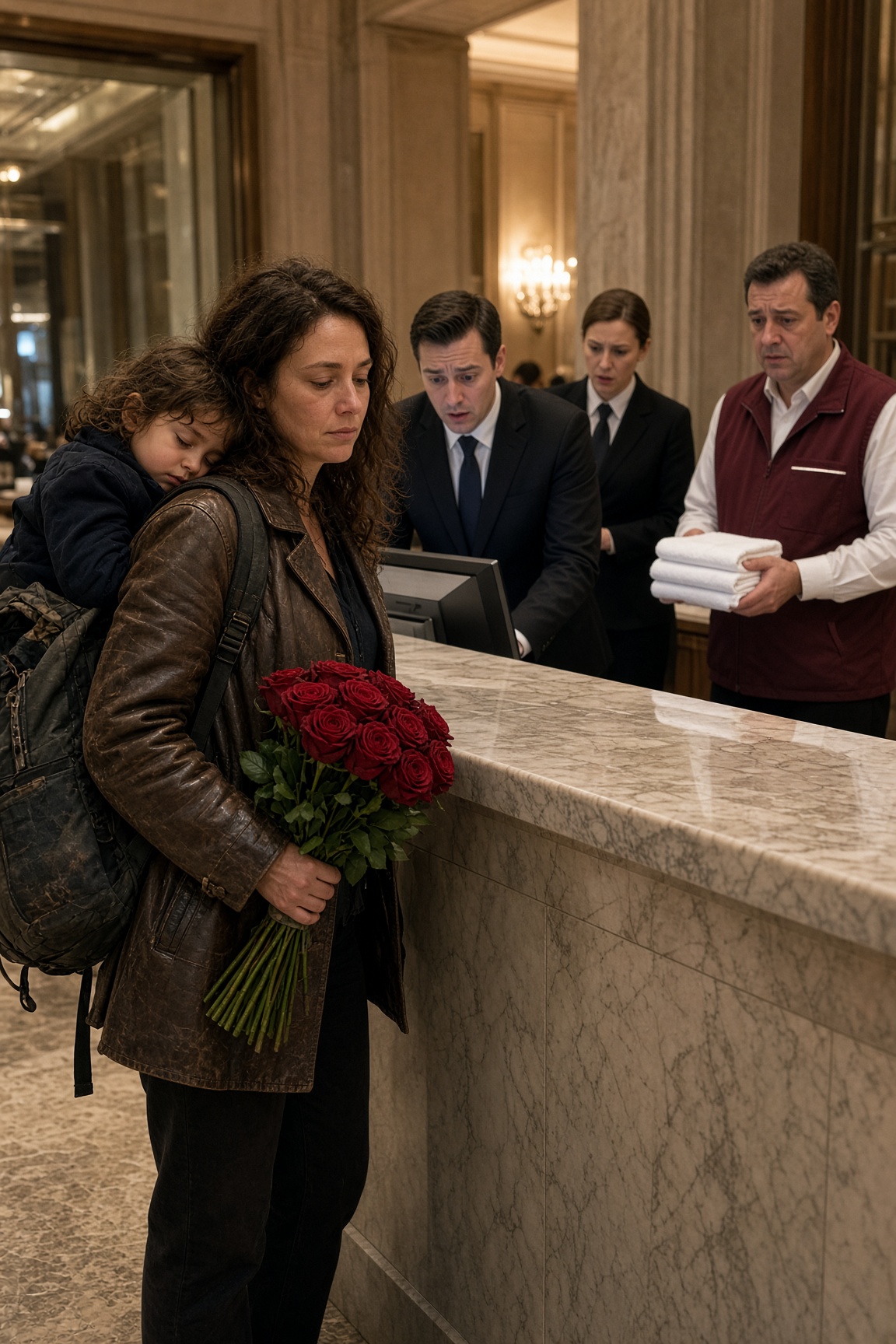 Arrivò in un hotel di lusso con la figlia addormentata e una giacca consumata: alla reception la derisero, senza sapere chi fosse davvero