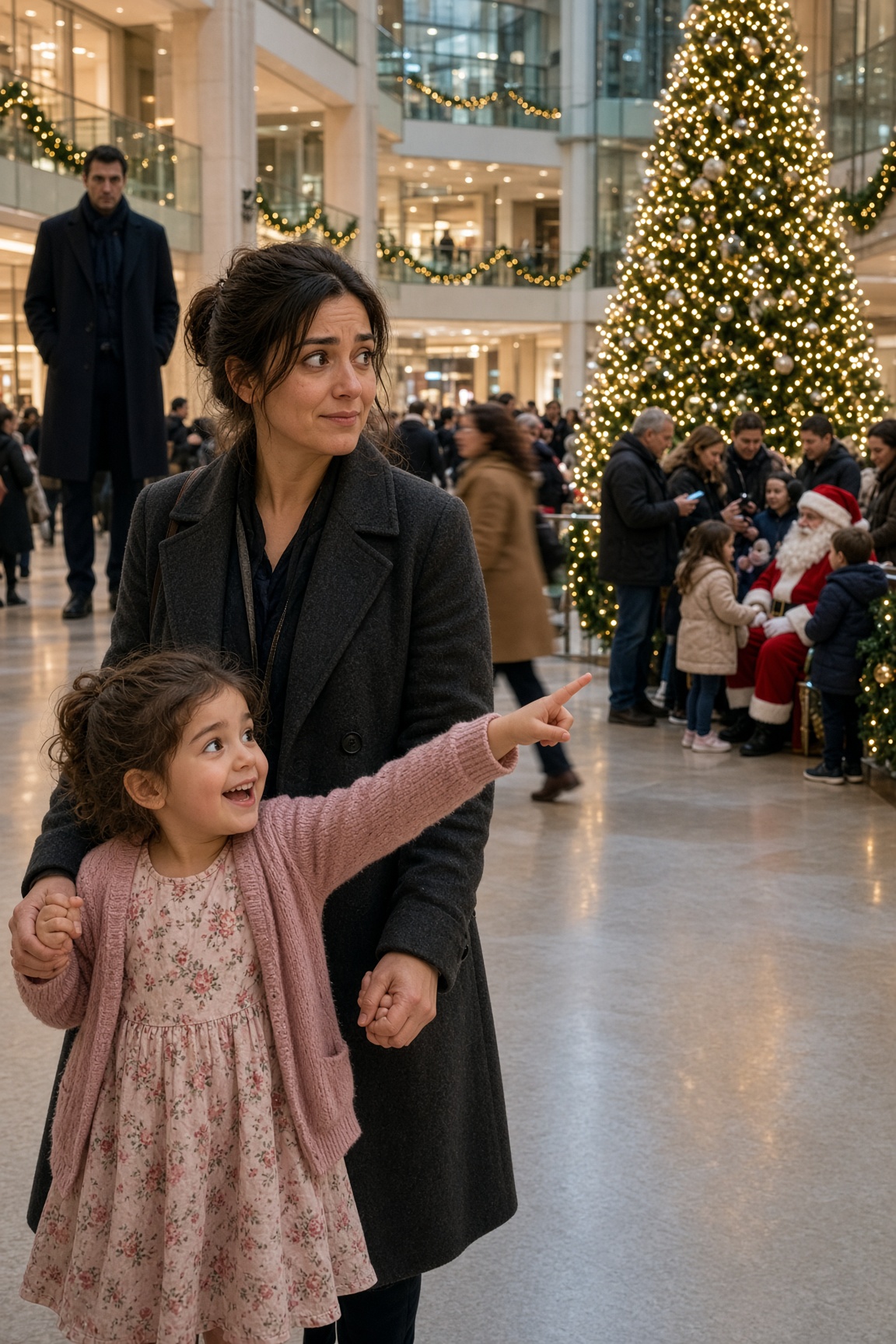 Sette giorni prima di Natale, una madre in fuga strinse la mano della figlia davanti a Babbo Natale — poi vide l’uomo in fondo alla fila e capì che il loro segreto era finito