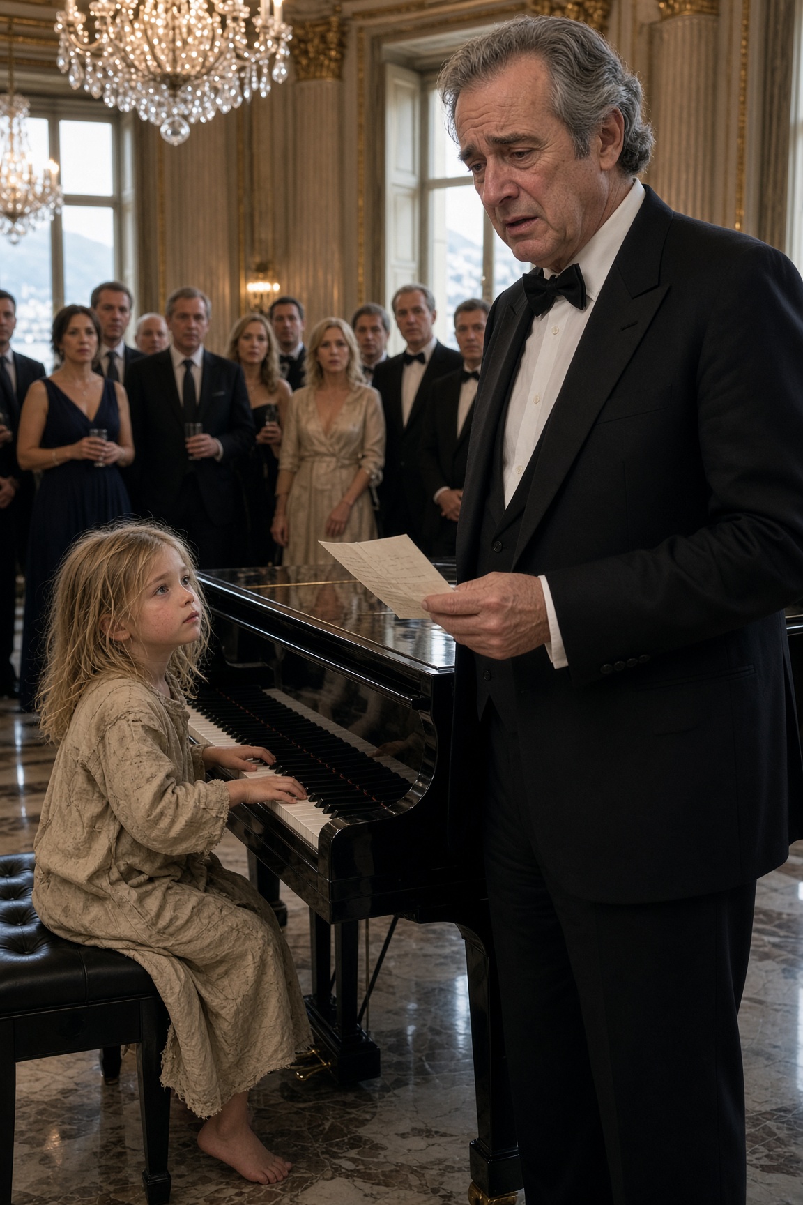 Una bambina scalza chiese un piatto di cibo in cambio di una canzone al pianoforte… ma quando il ricco padrone di casa riconobbe la melodia, impallidì davanti a tutti